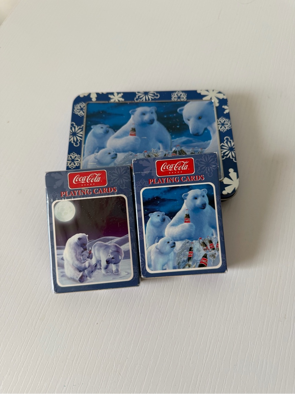 Vintage 1990s Coca Cola Polar Bear Playing Cards 2 Decks Set in Decorative Tin